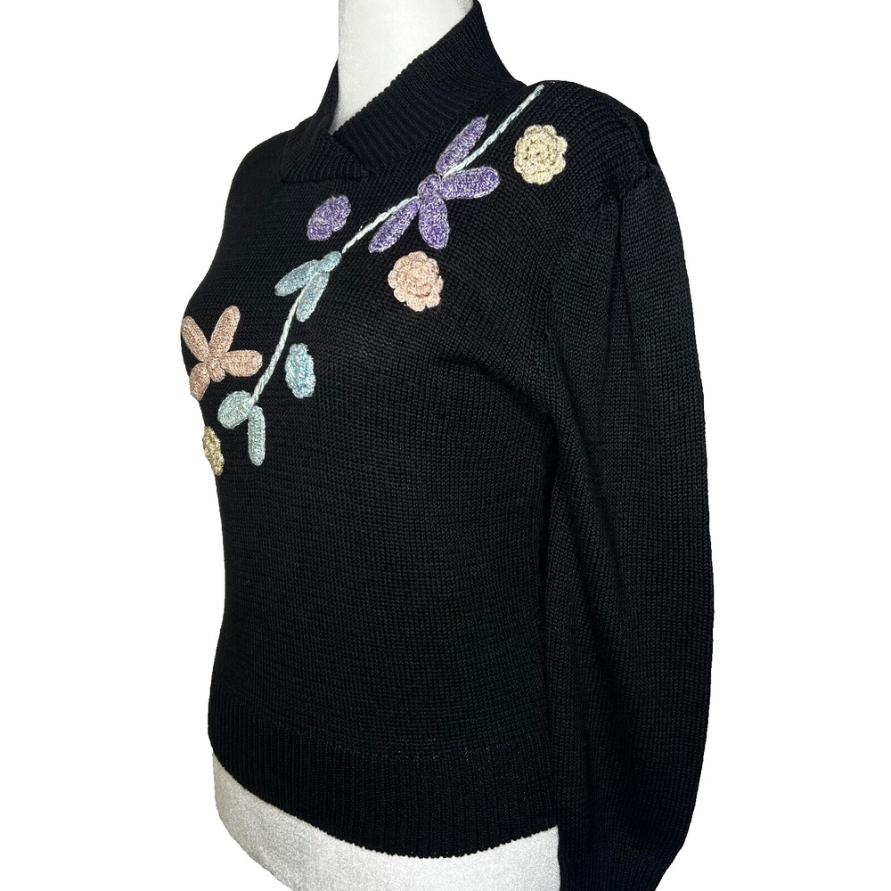 Gitano Women Knit Sweater M Vtg Cotton Pullover Floral Embroidery Whimsigoth 90s - Picture 4 of 10